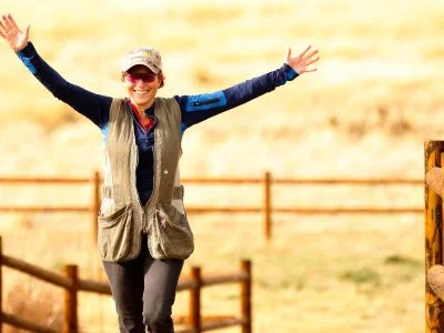 A shooter celebrates her success