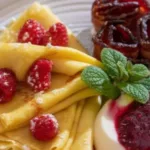 Folded crepes with raspberries