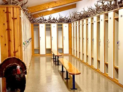 Room with antlers and lockers