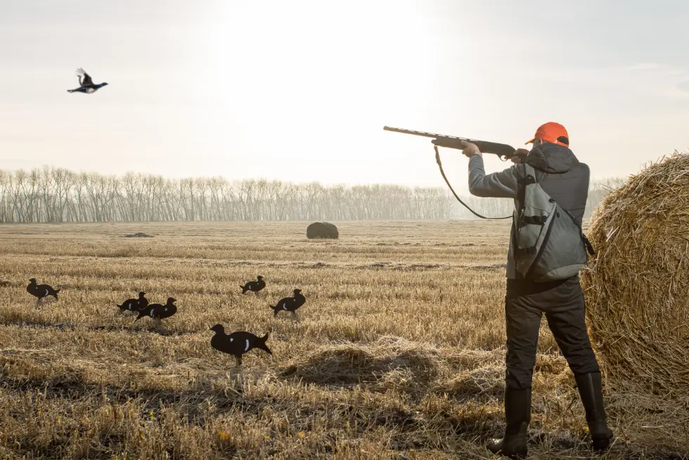 Hunter aiming at flying bird