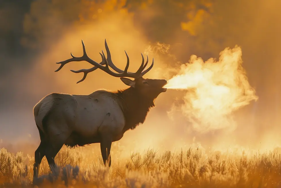 Elk breathing mist in golden light