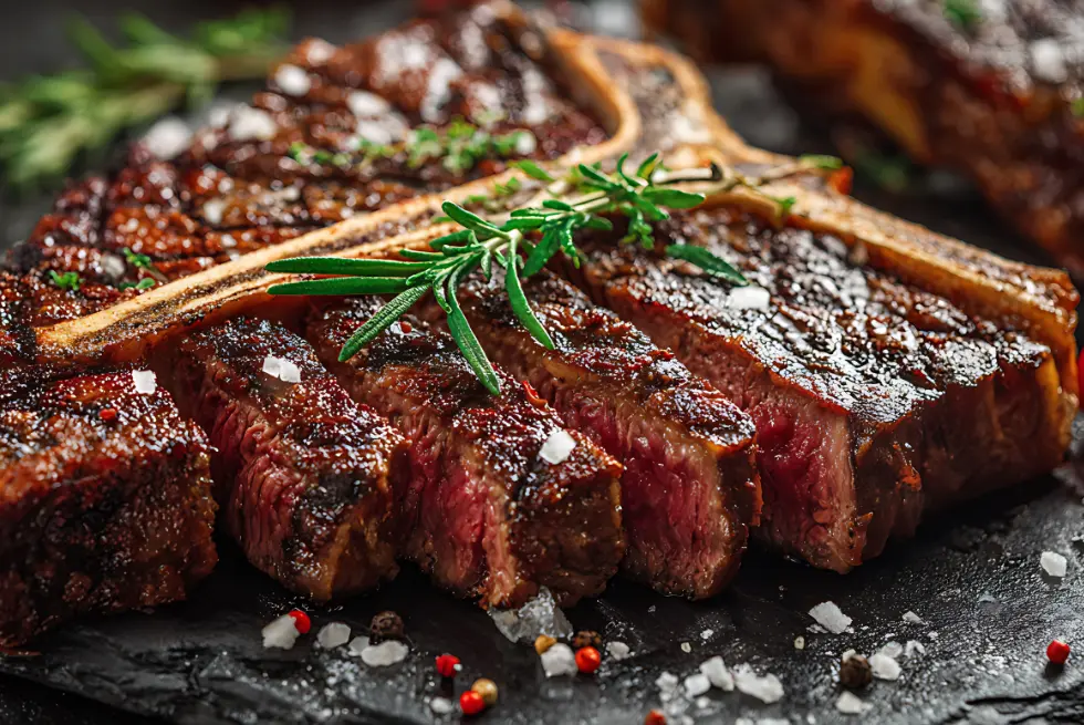 Juicy steak with herbs and seasoning