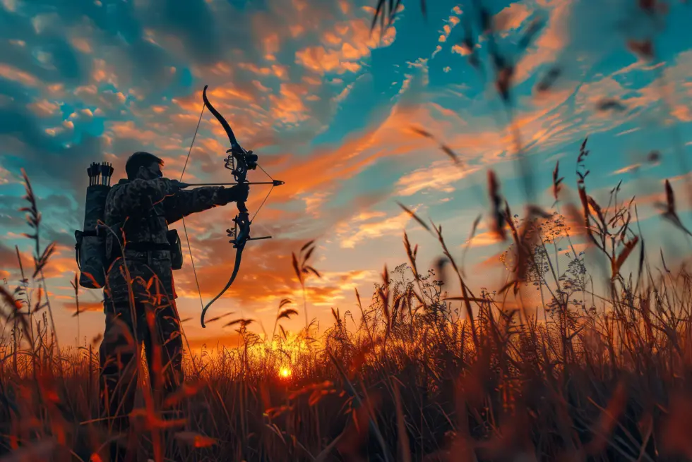 Archer silhouetted against sunset sky.